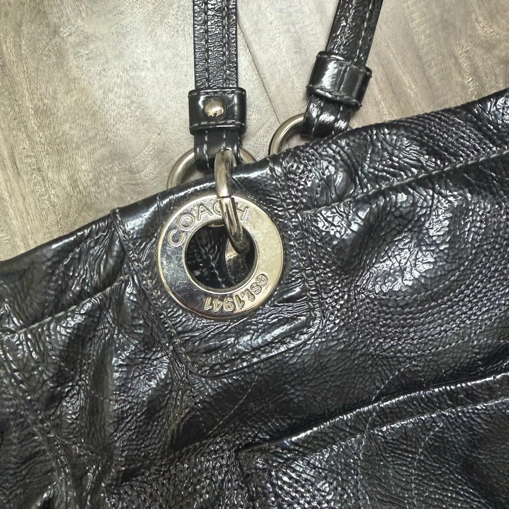 Coach Black Leather Signature-Pattern Tote with Silver Hardware diaper bags